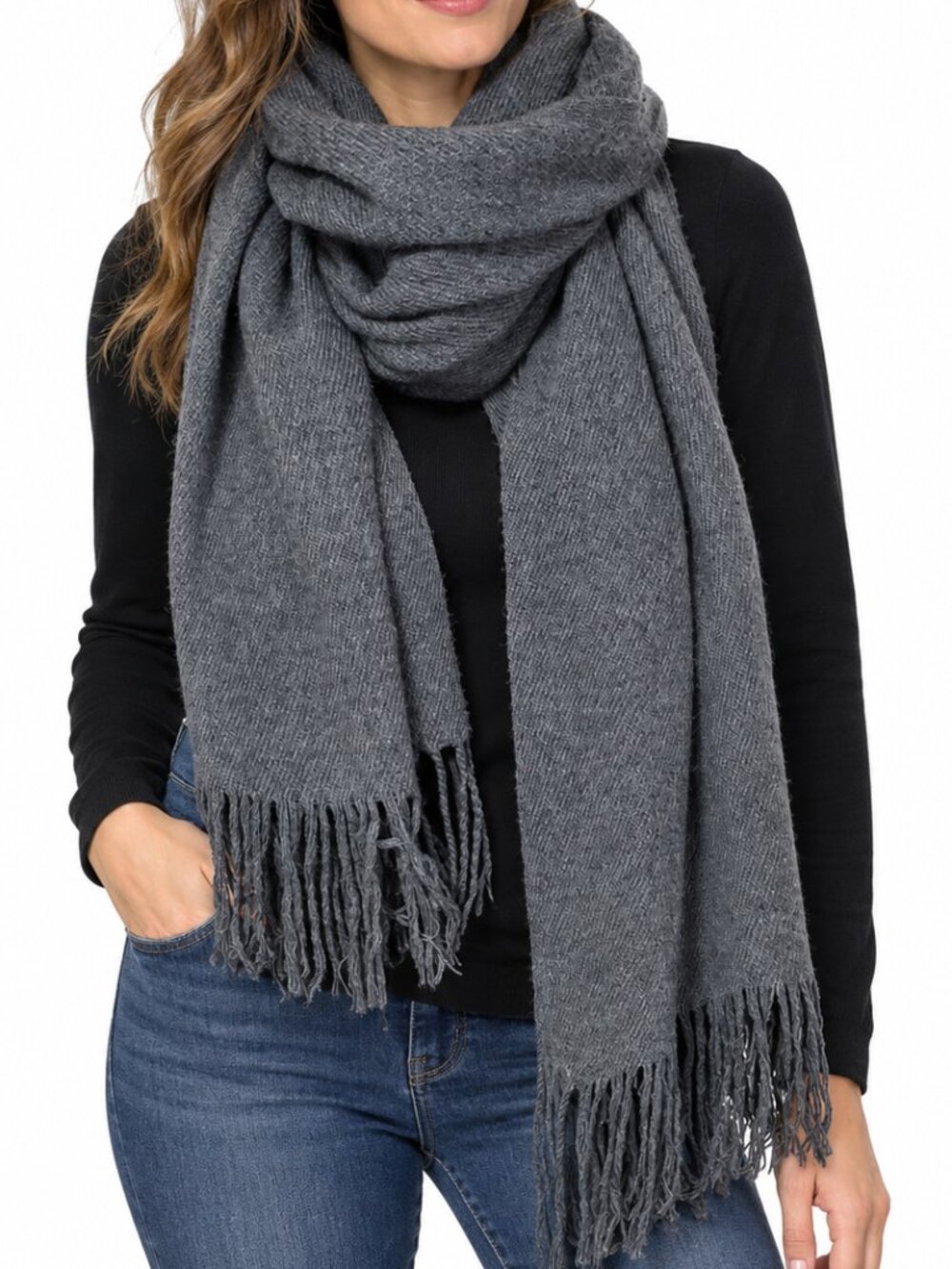 ACNE STUDIOS Virgin Wool Oversized Blanket Scarf Dark Grey Fringe Italy Unisex